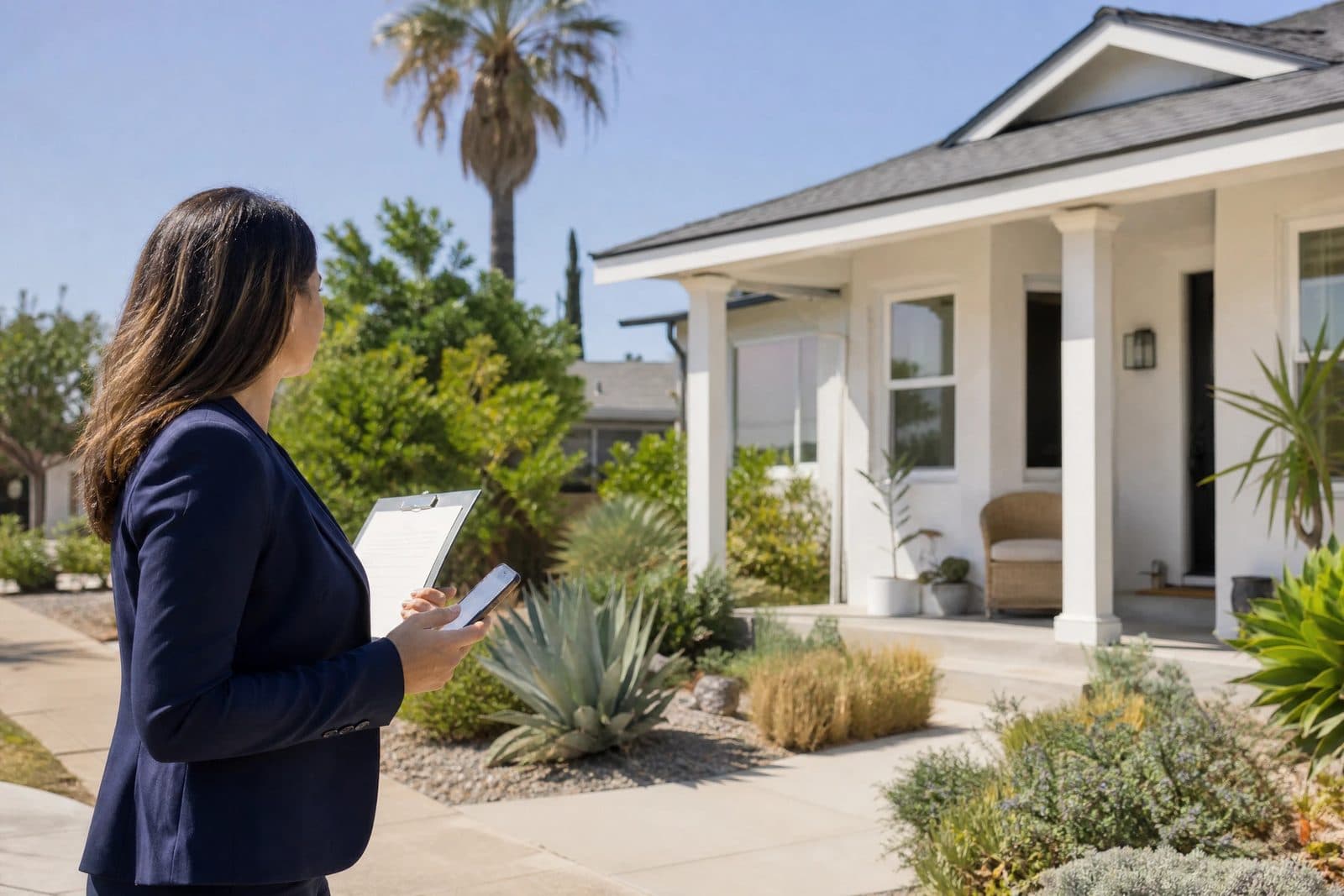 A property manager inspecting the exterior of a single-family rental home.