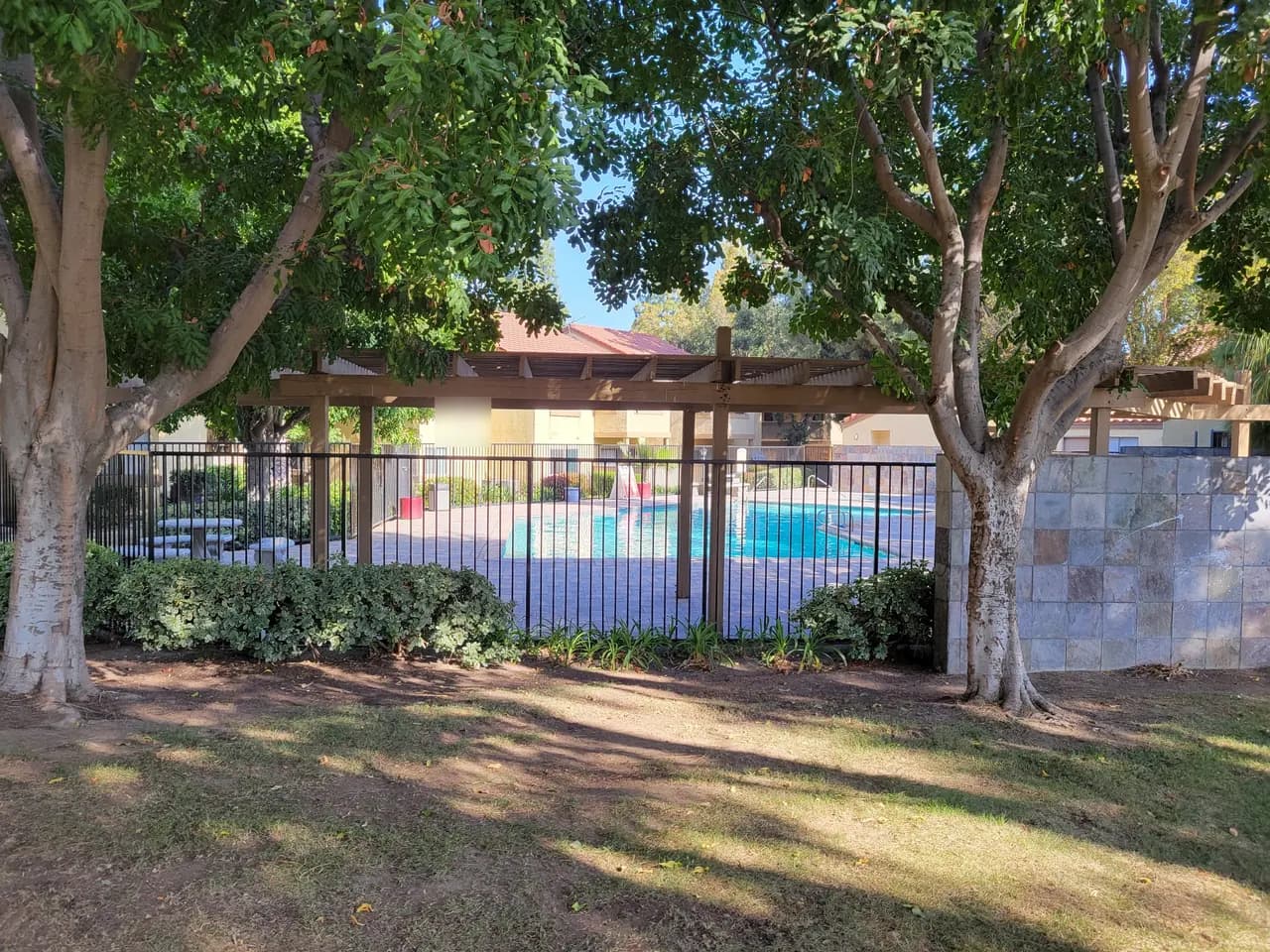 A fenced community pool seen through shade trees and a wooden pergola, with two-story stucco apartment buildings and tile roofs behind it on a sunny day.