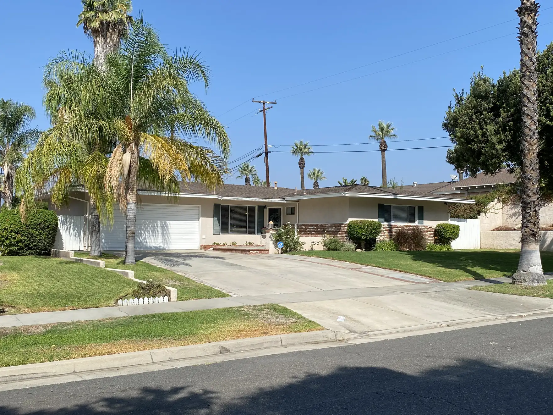A well-kept single-story ranch home with a white two-car garage, trimmed front lawn and tall palm trees under a clear blue sky.